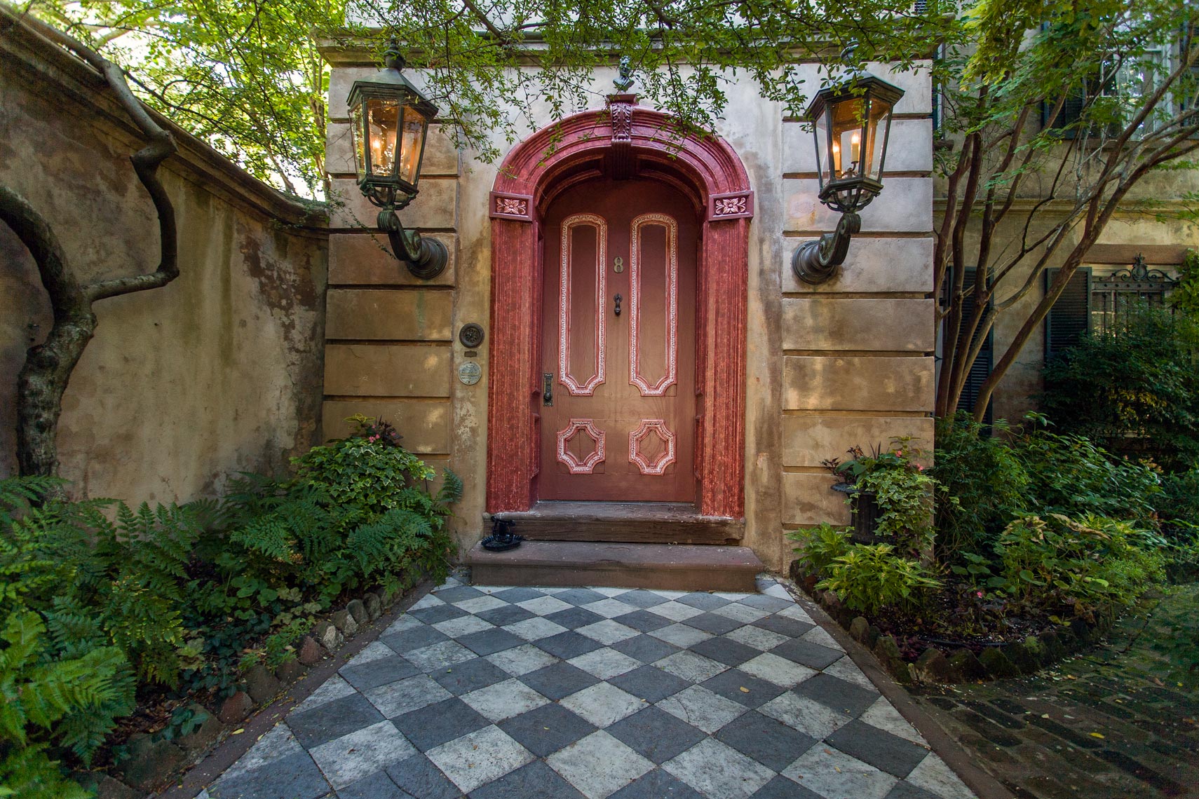 Tiled walkway and red door,Charleston, South Carolina 